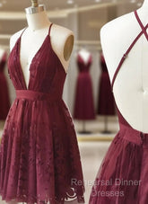 A Line V Neck Short Burgundy Lace Semi Formal Prom Dresses, Short Burgundy Lace Formal Homecoming Dresses